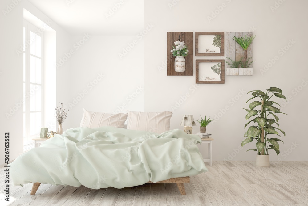 Stylish bedroom in white color. Scandinavian interior design. 3D illustration