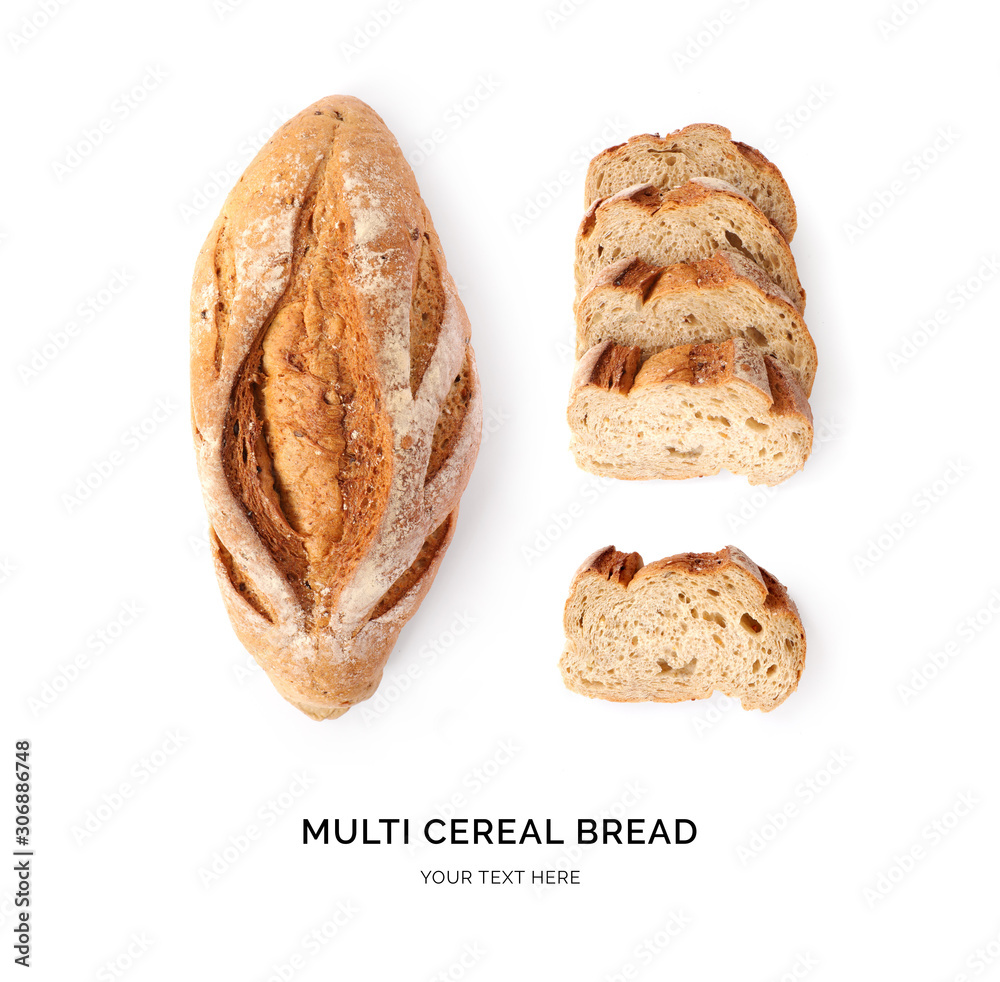 Creative layout made of multi cereal bread on white background. Flat lay. Food concept. Macro concep