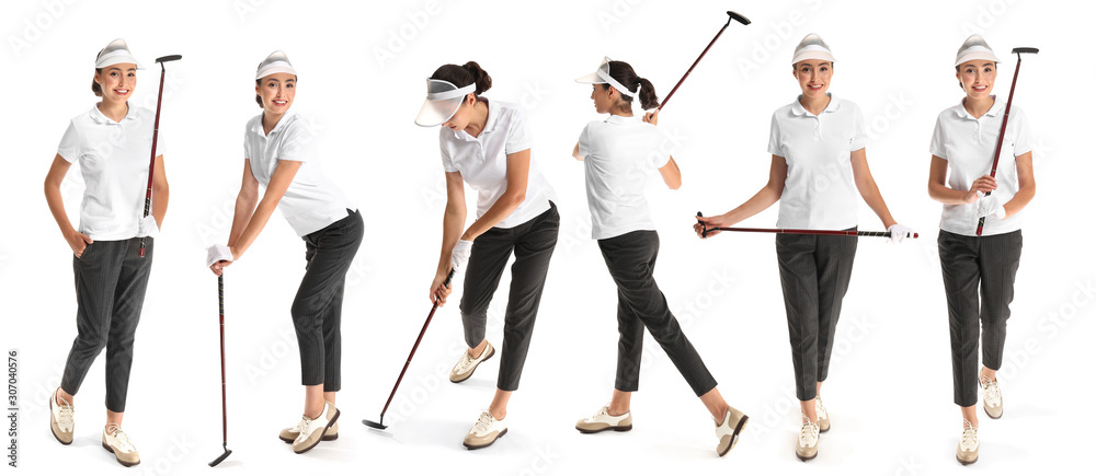 Set with beautiful golfer on white background