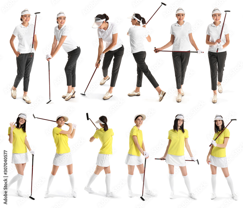 Set with beautiful golfers on white background