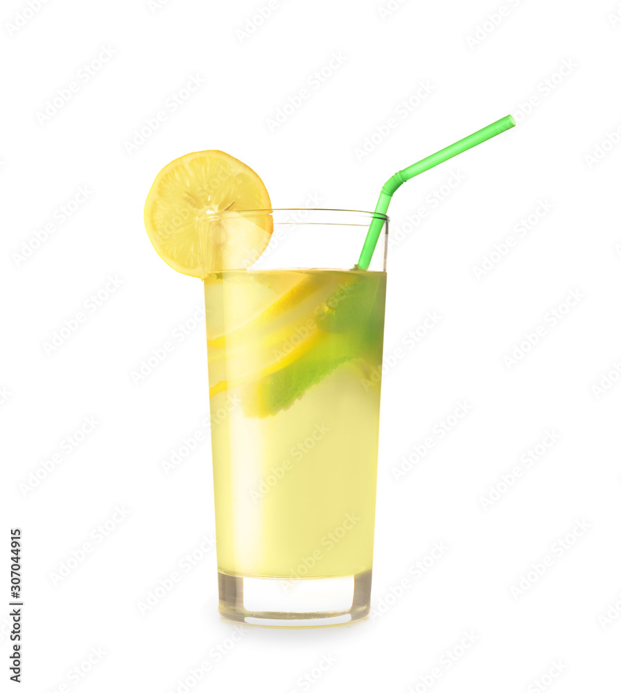 Glass of fresh lemonade on white background