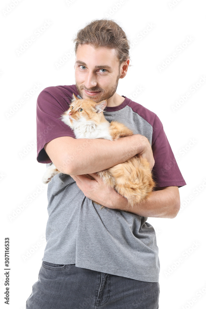 Man with cute cat on white background