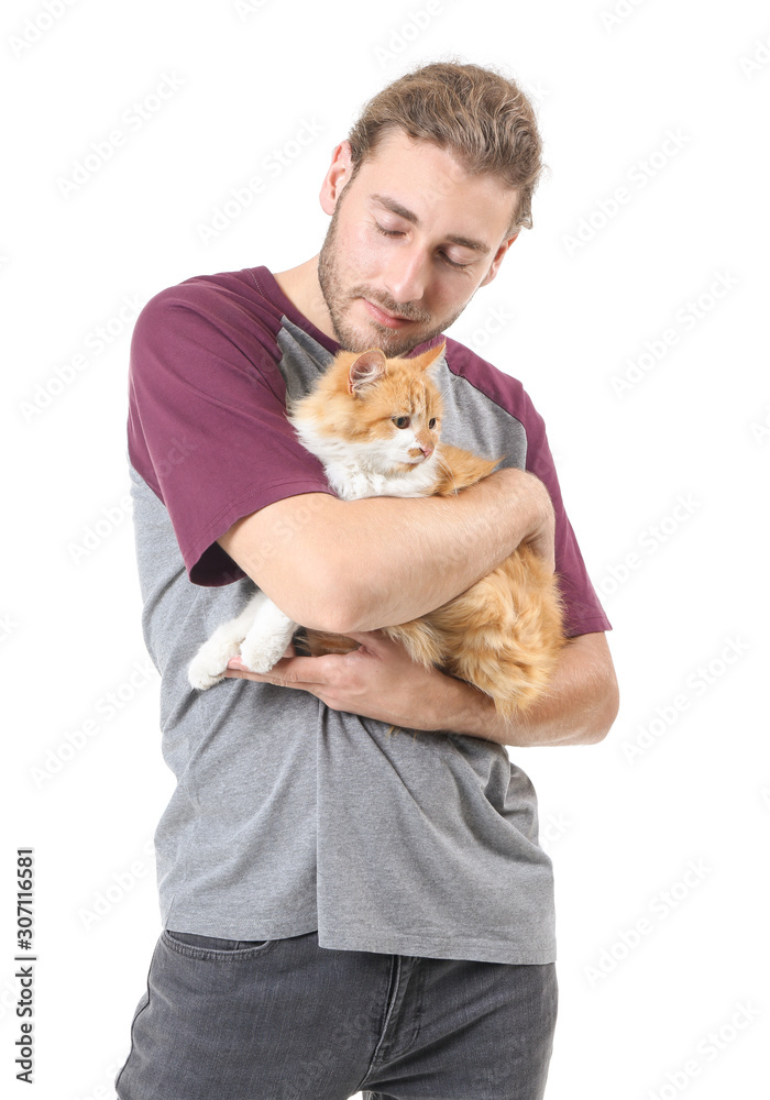 Man with cute cat on white background