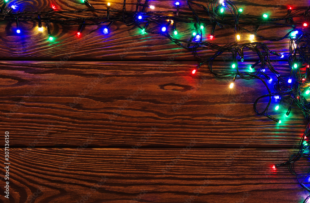 Christmas lights and vintage wood