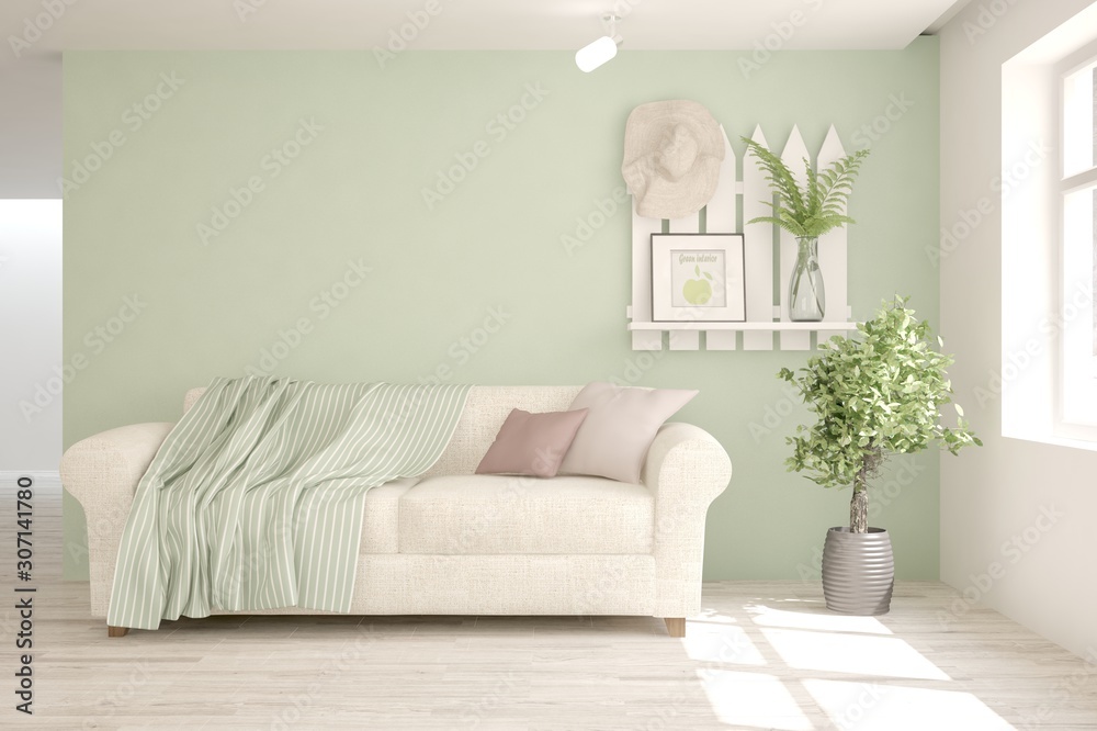 Stylish room in green color with sofa. Scandinavian interior design. 3D illustration