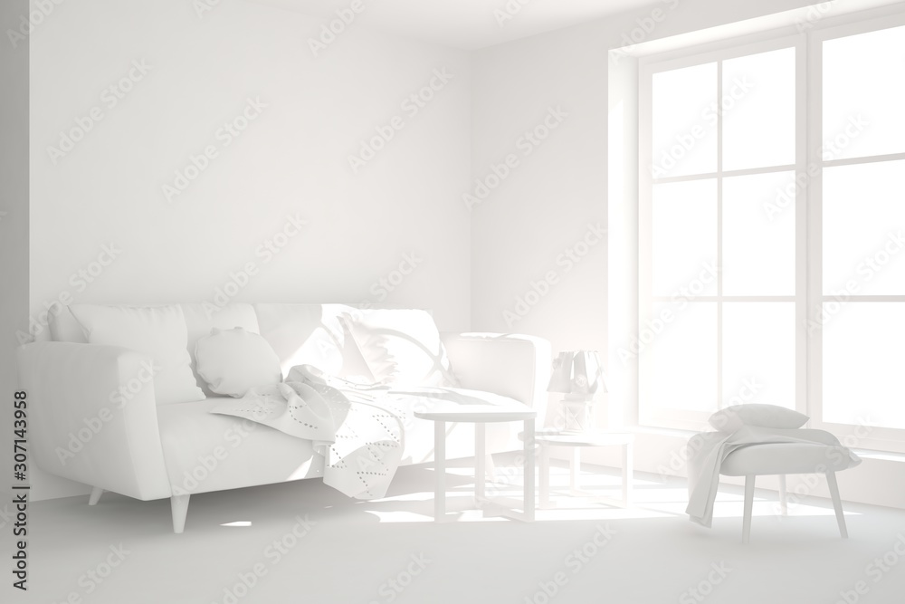 Mock up of stylish room in white color with sofa. Scandinavian interior design. 3D illustration