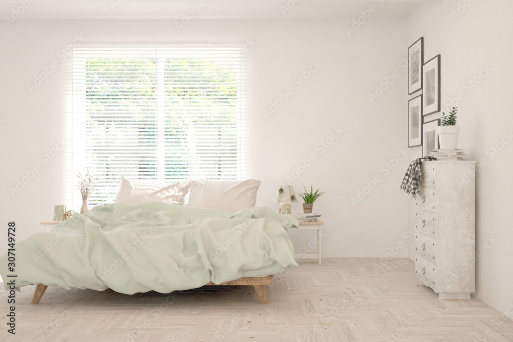 Stylish bedroom in white color. Scandinavian interior design. 3D illustration