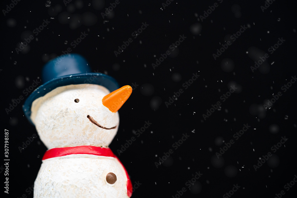 Happy smiley snowman wear blue hat and carrot nose standing with snowflakes in winter christmas seas