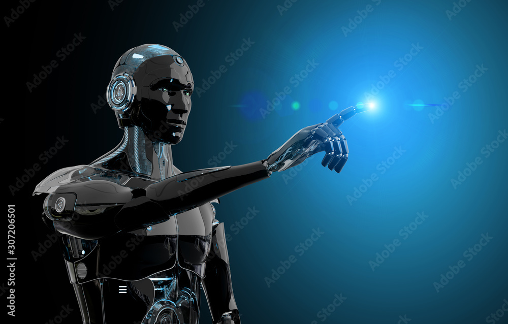 Black and blue intelligent robot cyborg pointing finger on dark 3D rendering