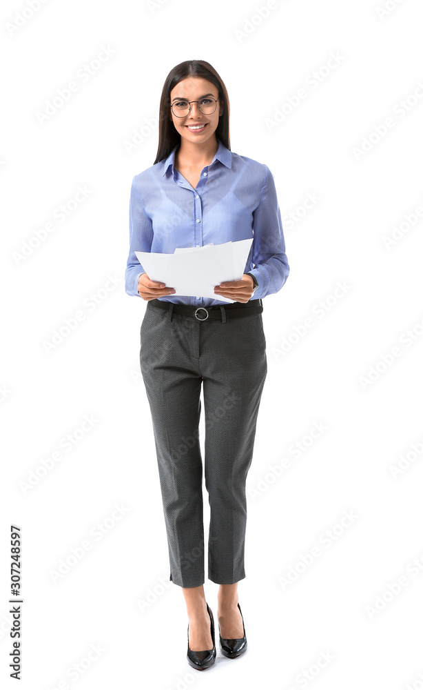 Beautiful young businesswoman with documents on white background