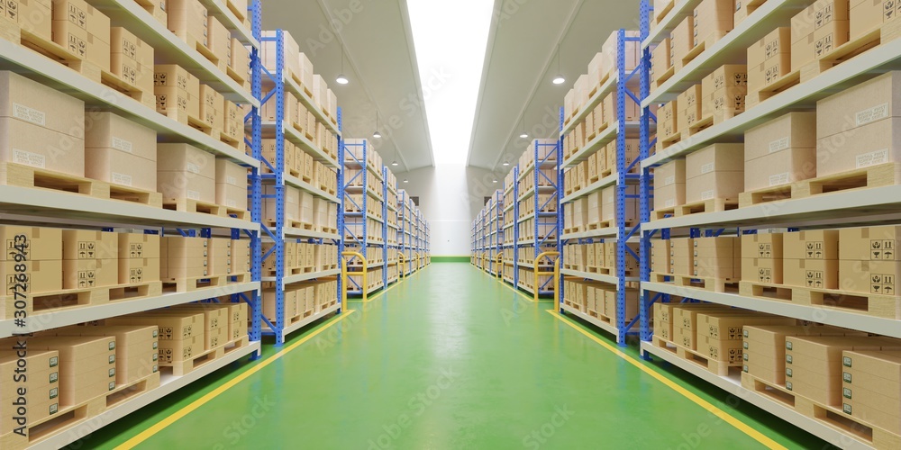 Interior of warehouse in logistic center.