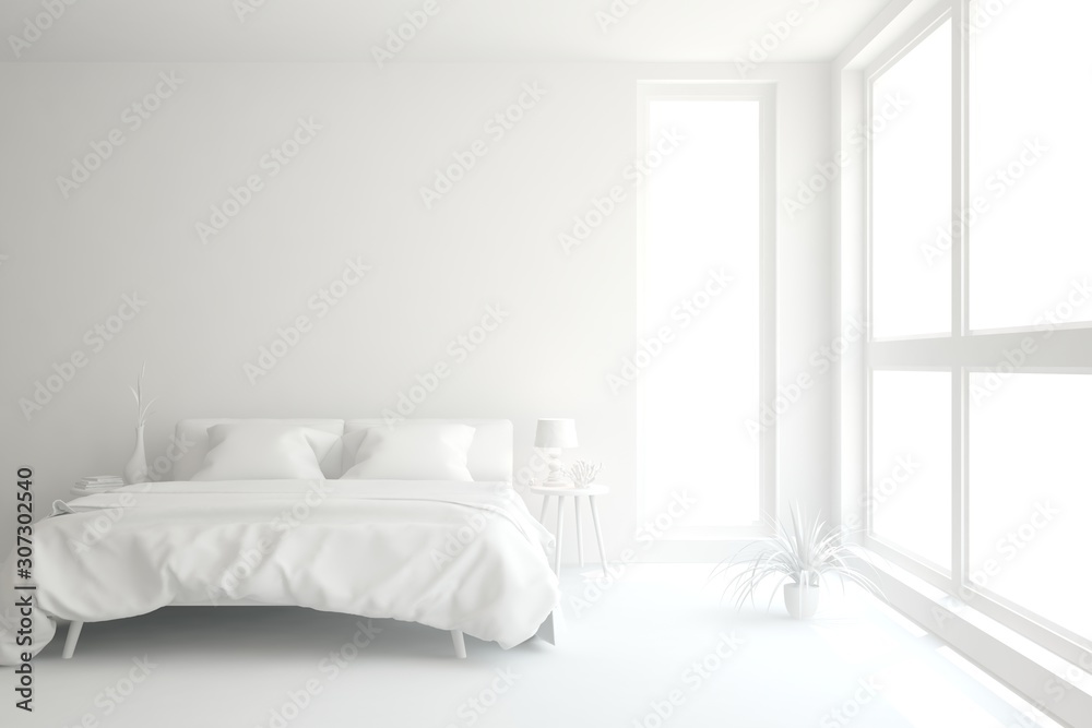 Modern bedroom in white color. Scandinavian interior design. 3D illustration