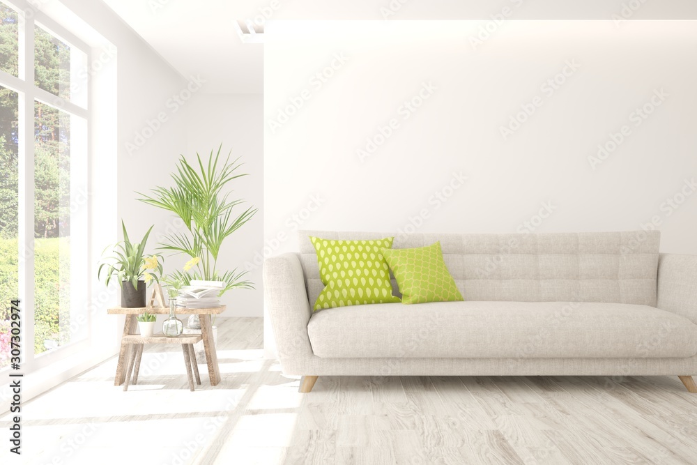 Stylish room in white color with sofa. Scandinavian interior design. 3D illustration