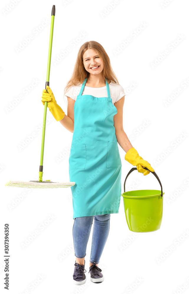 Female janitor with cleaning supplies on white background