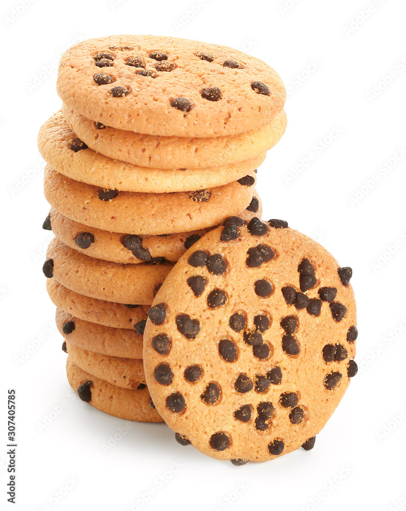 Tasty cookies with chocolate chips on white background