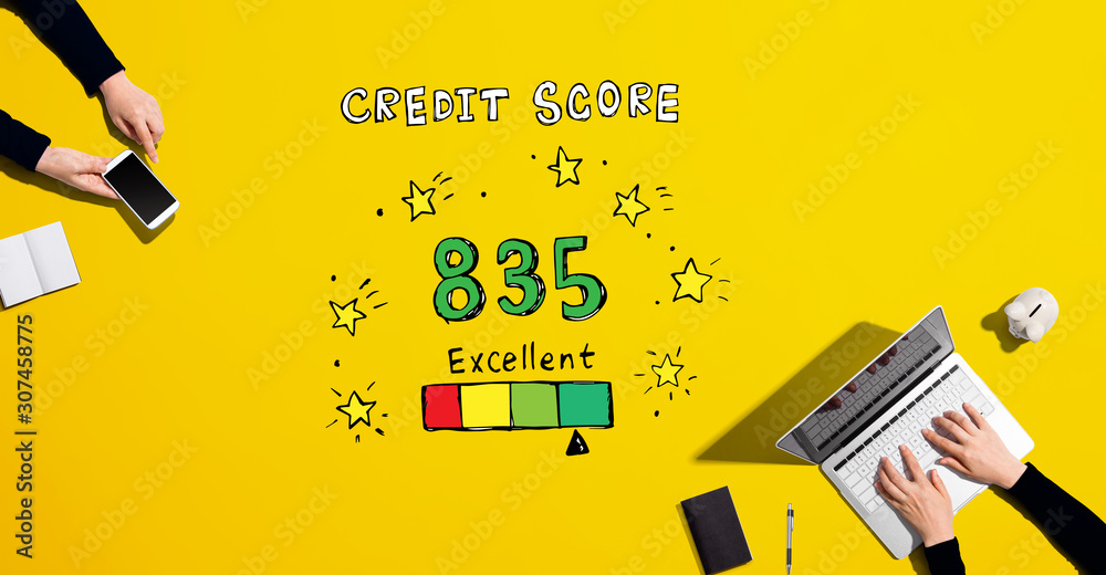 Excellent credit score theme with people working together with laptop and phone