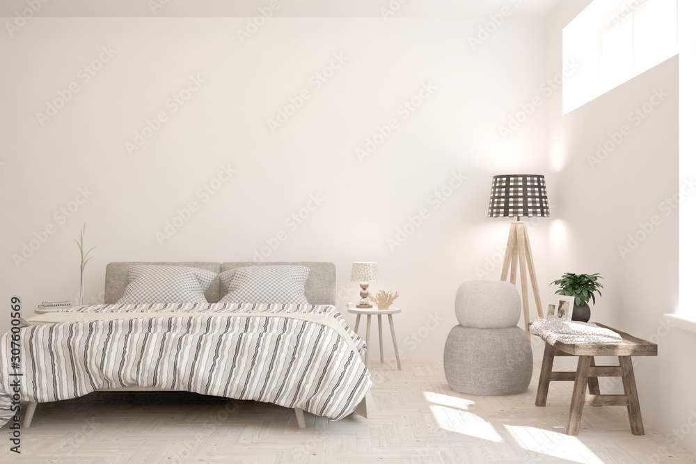 Stylish bedroom in white color. Scandinavian interior design. 3D illustration