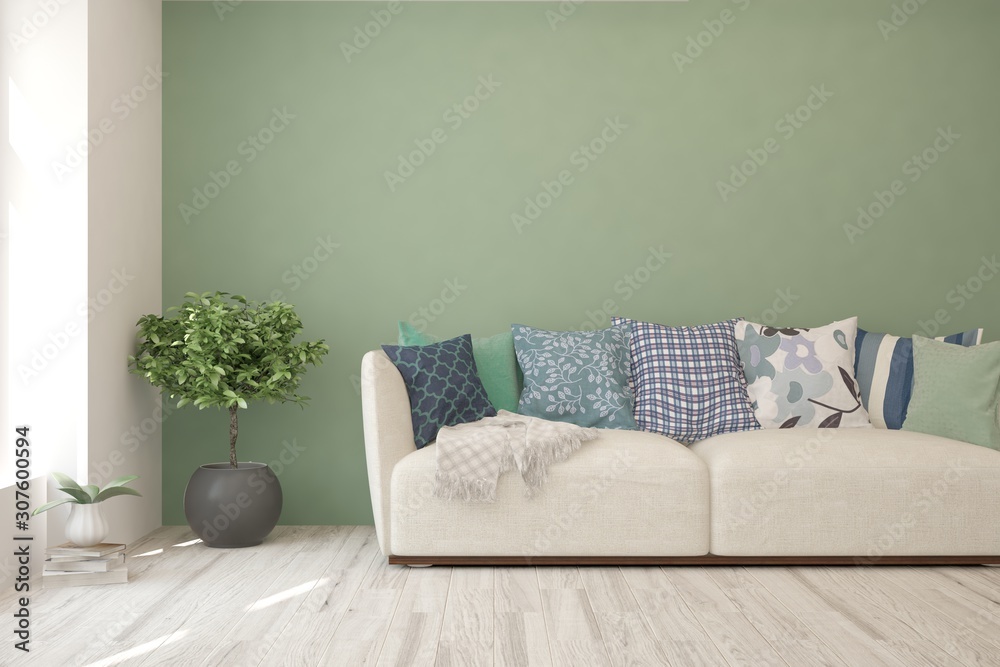 Stylish room in aqua menthe color with sofa. Scandinavian interior design. 3D illustration