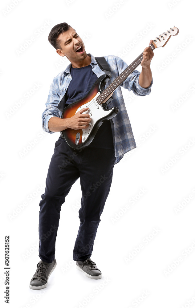 Handsome man playing guitar on white background