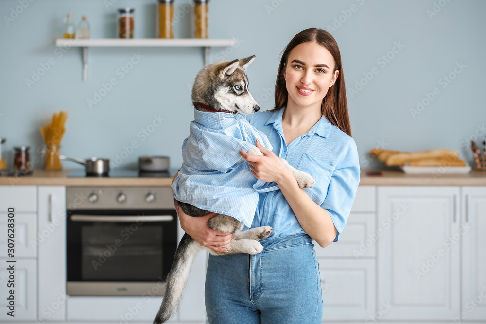 可爱的女人和厨房里有趣的哈士奇小狗