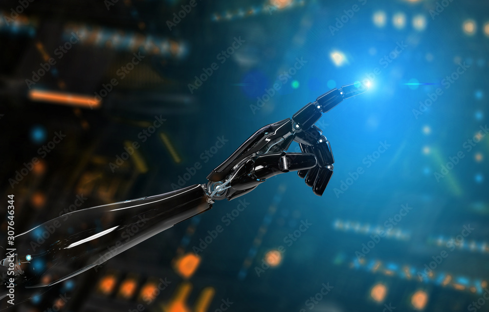 Black and blue intelligent robot cyborg arm pointing finger on dark 3D rendering