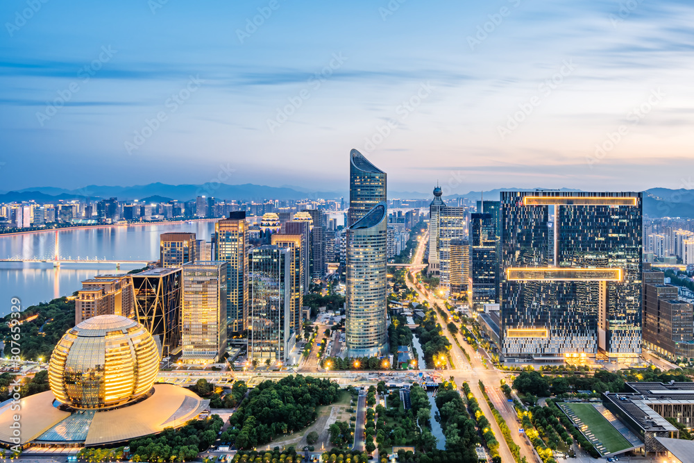 Night view of Qianjiang New Town, Hangzhou, Zhejiang, China