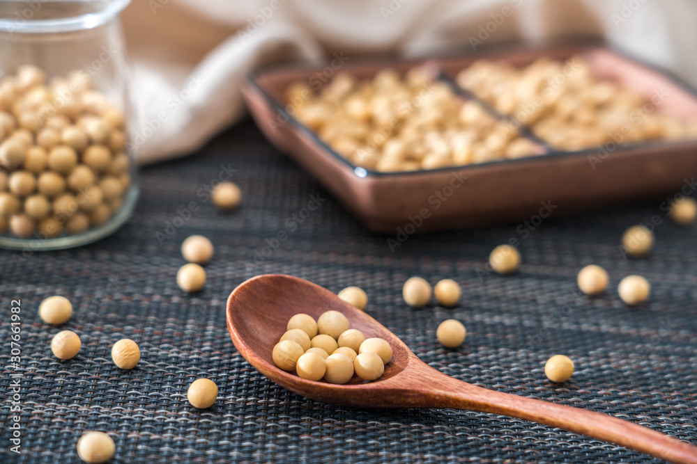 Low angle shot of many soybeans on a plate