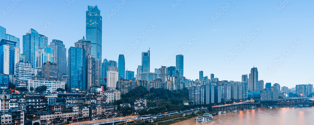  Hongya Cave  and skyline along Jialing River in Chongqing, China