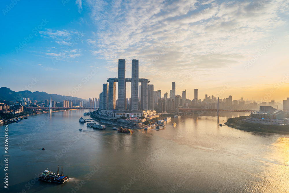 中国重庆朝天门码头高角度晴天