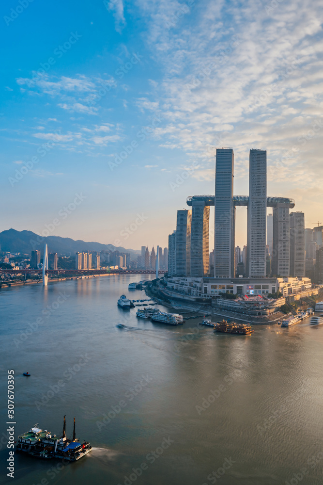 中国重庆朝天门码头高角度晴天