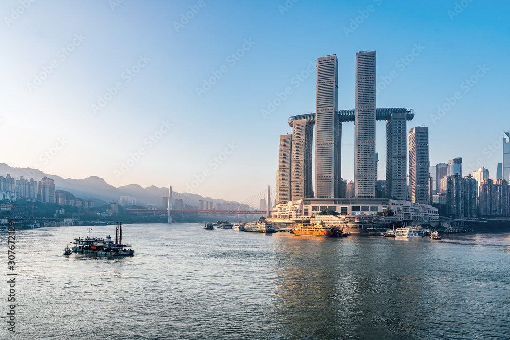 Sunny scenery of Chaotianmen Pier in Chongqing, China