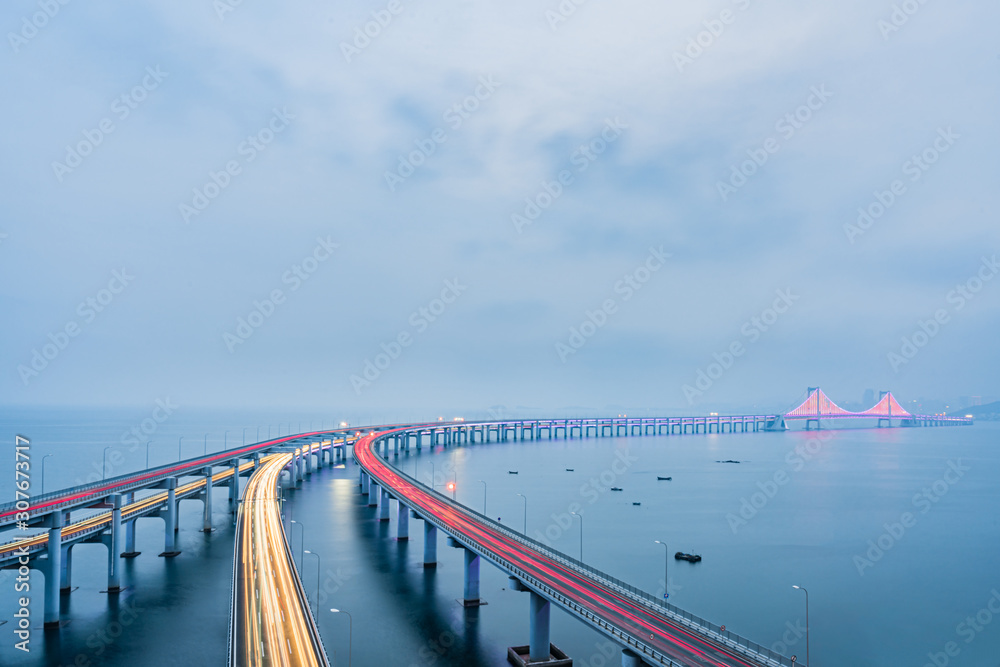 Night scenery of Dalian sea-crossing bridge in Dalian, Liaoning, China