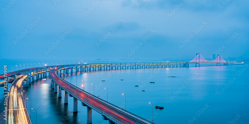 Night scenery of Dalian sea-crossing bridge in Dalian, Liaoning, China