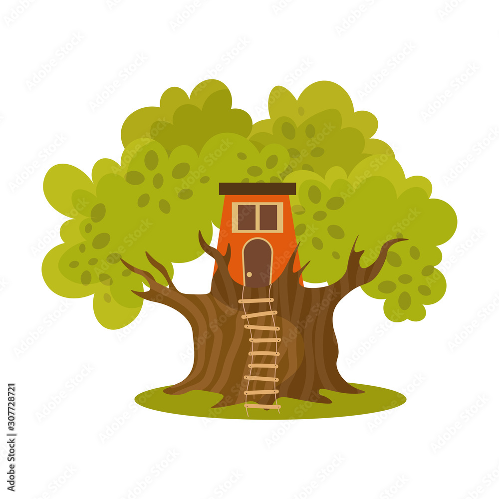 Cute small red treehouse with two windows and stairs. Vector illustration in flat cartoon style