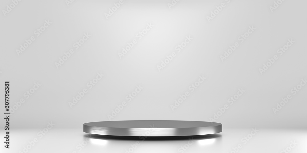 Silver pedestal of platform display with luxury stand podium on white room background. Blank Exhibit