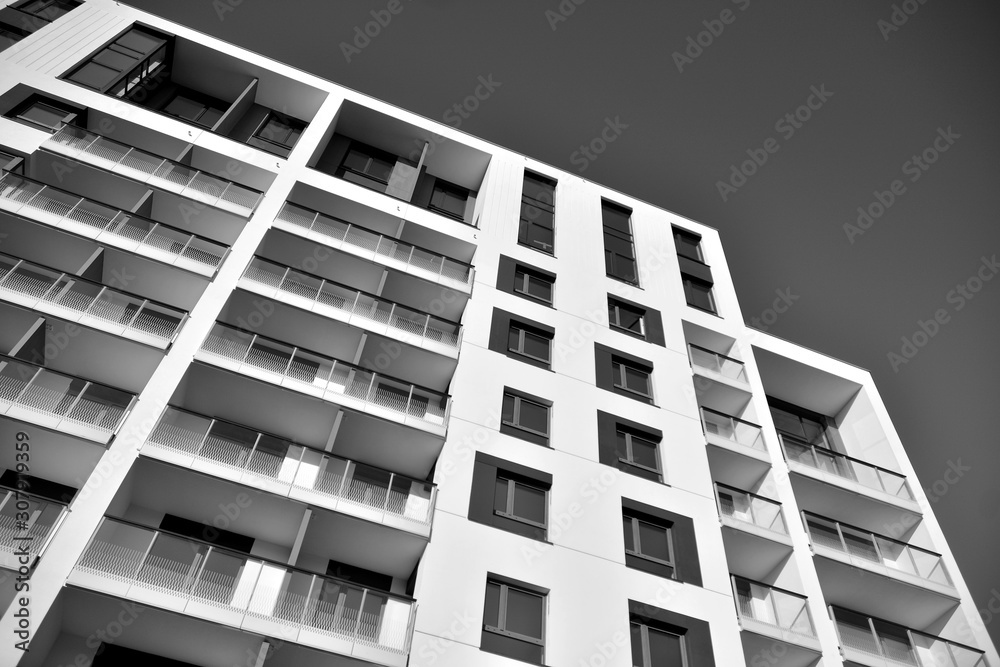 Detail of modern residential flat apartment building exterior. Fragment of new luxury house and home