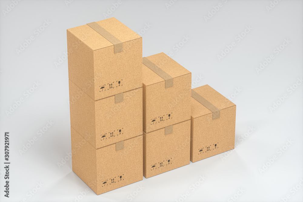 The cartons are stacked against a white background, 3d rendering.