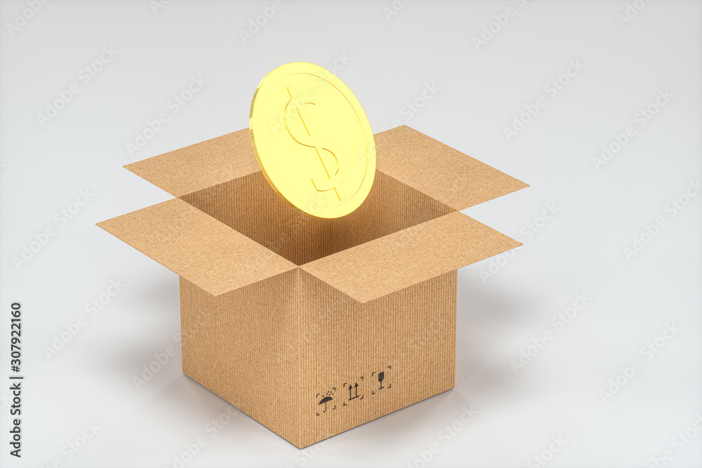 The cartons and COINS are on a white background, 3d rendering.