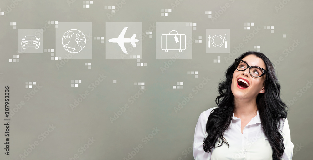 Airplane travel theme with young businesswoman in a thoughtful face