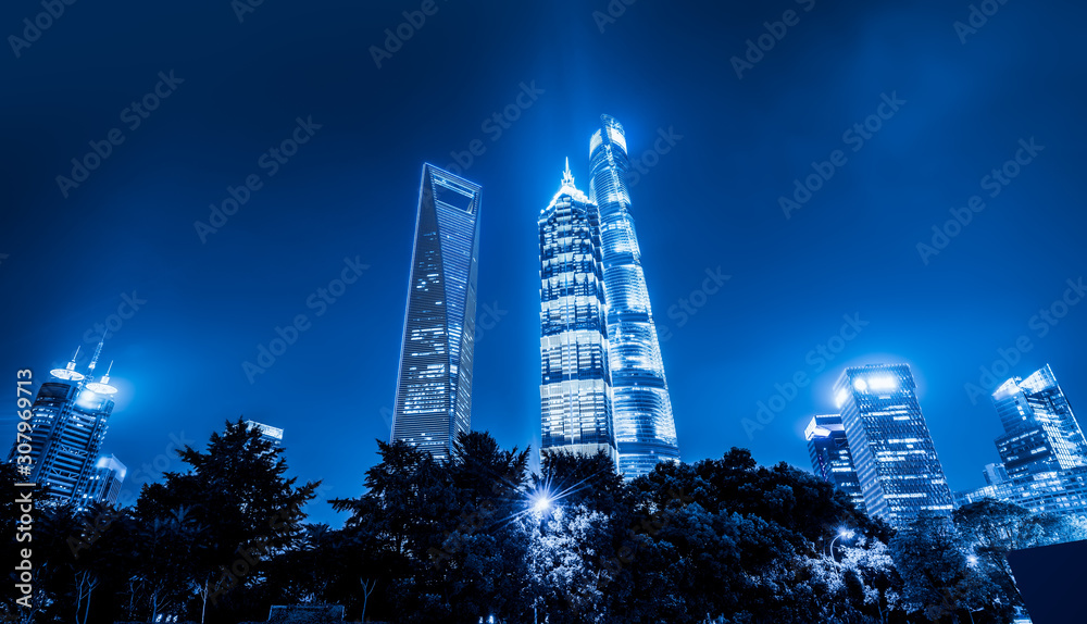 Shanghai Lujiazui city street night view and modern architecture office building