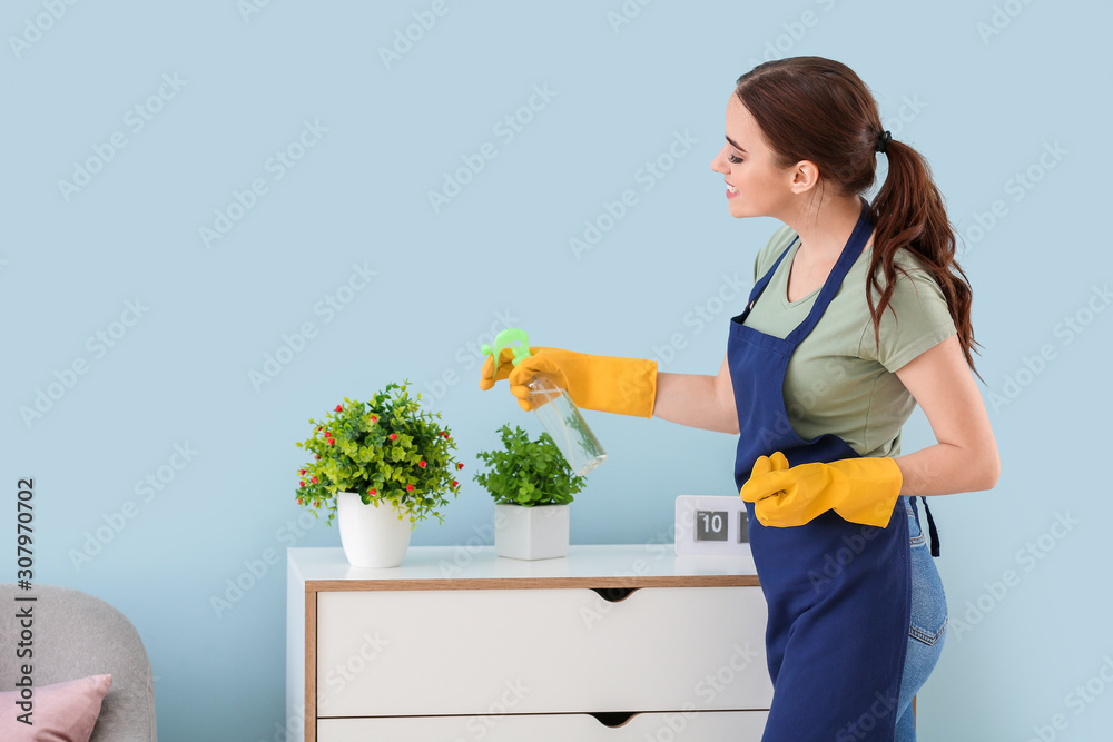 Female janitor doing chores in room