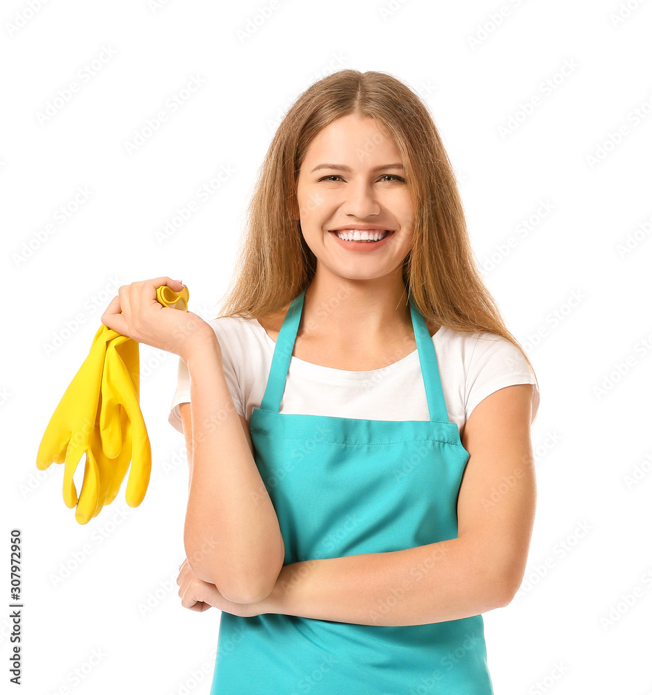 Female janitor on white background