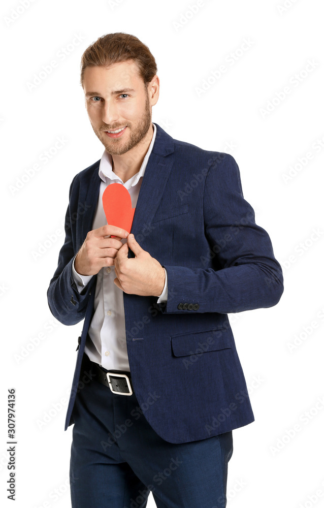 Handsome man with heart on white background. Valentines Day celebration