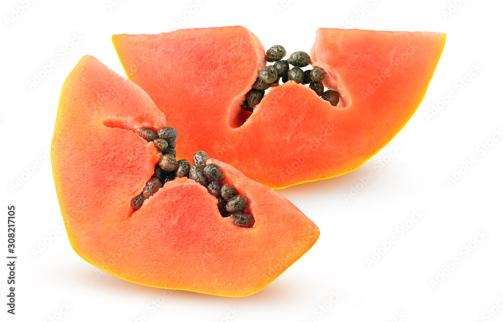 Isolated cut papaya. Papaya fruit slices with seeds isolated on white background with clipping path