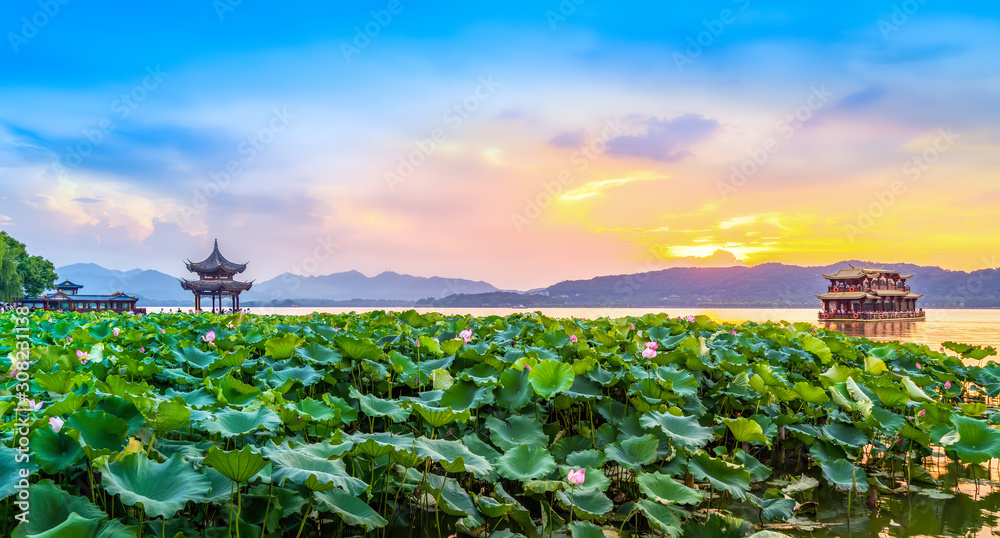 Beautiful architectural landscape and landscape of West Lake in Hangzhou..