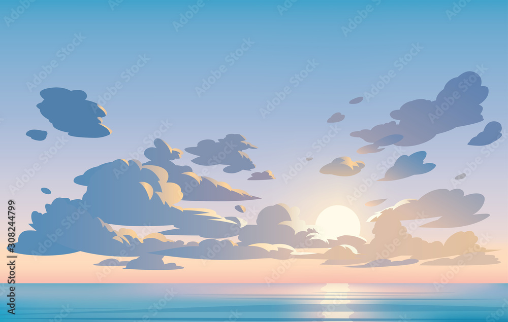 Vector landscape sky clouds. Sunset. Anime clean style. Background design