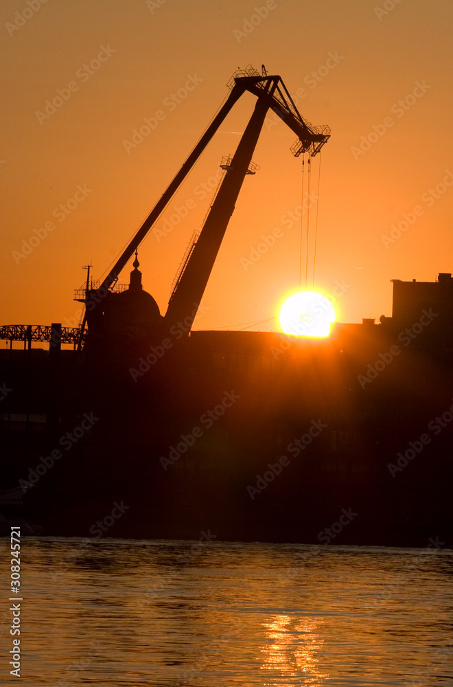 silhouette of crane on sunset background