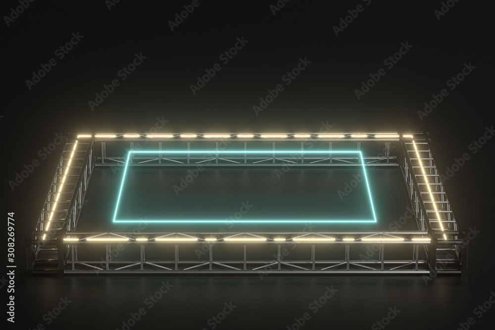 Steel frame and luminous cubes, 3d rendering.