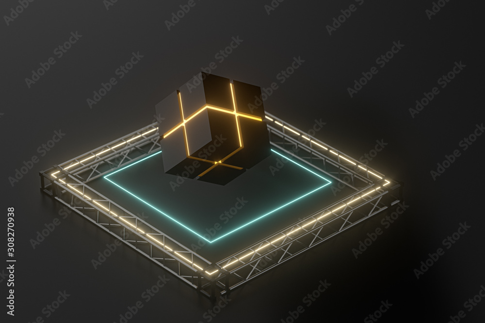 The cube floats above the glowing cubes, 3d rendering.