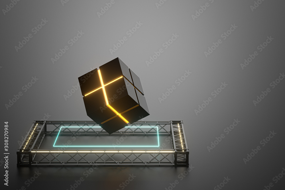 The cube floats above the glowing cubes, 3d rendering.